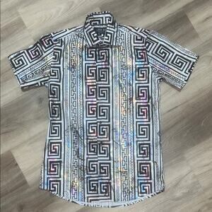 ABOVE MAN Black and White Geometric Metallic Print Casual Shirt Sz S